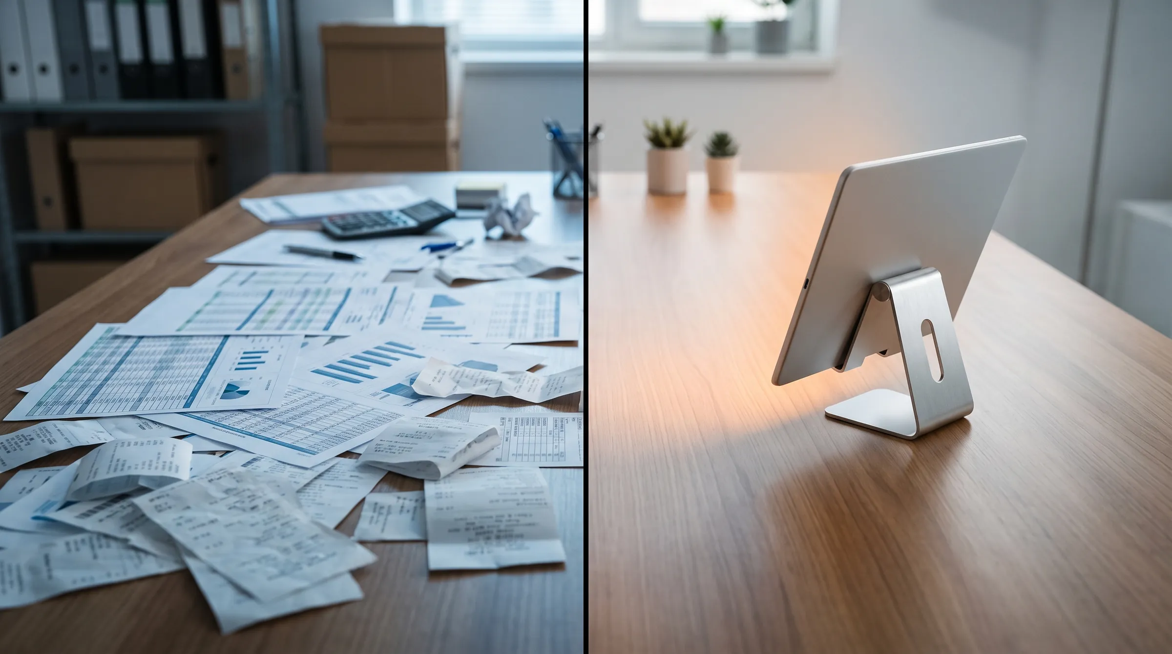 Zettel und Listen links, rechts ein aufgeräumter Tisch mit Tablet