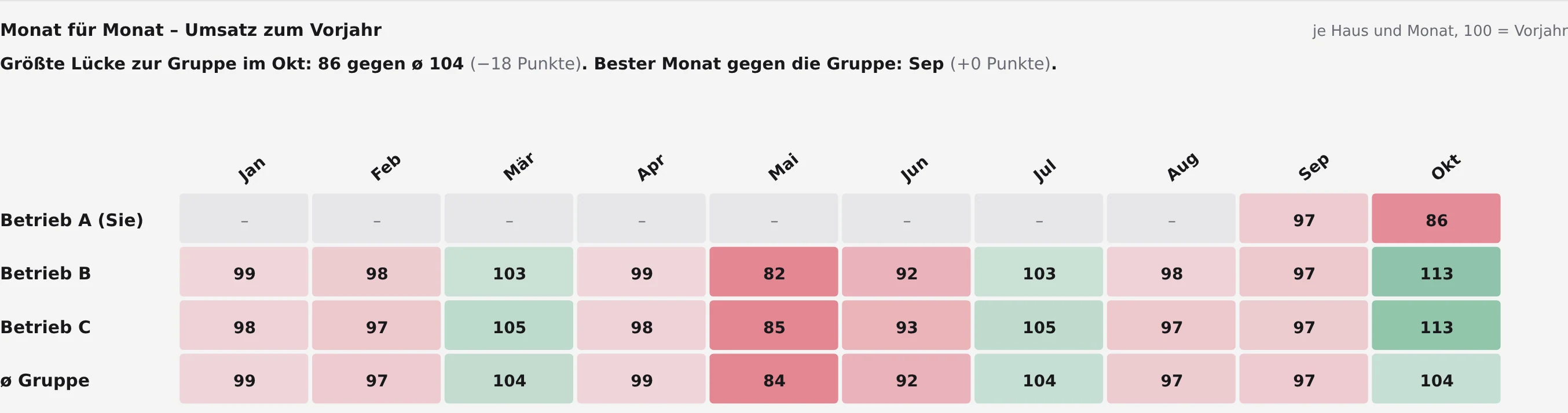 Company Benchmark: Umsatz zum Vorjahr Monat für Monat je Betrieb und im Schnitt der Gruppe, Demo mit Beispieldaten