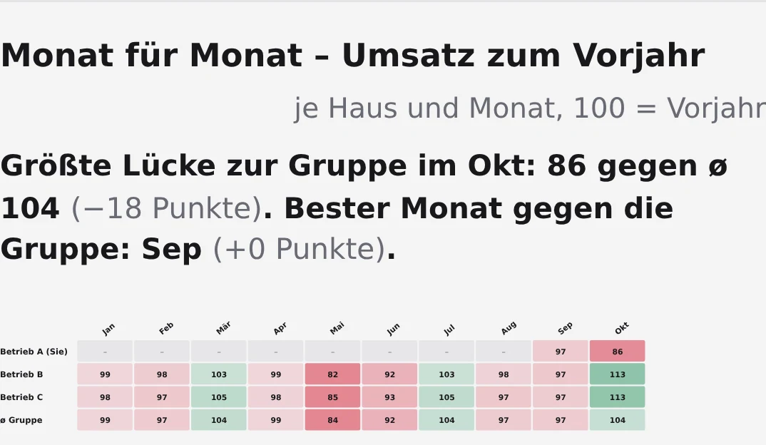 Company Benchmark: Umsatz zum Vorjahr Monat für Monat je Betrieb und im Schnitt der Gruppe